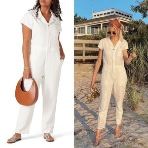 APIECE APART Ivory Short Sleeve Linen/Cotton Utility Coverall Jumpsuit Size 14